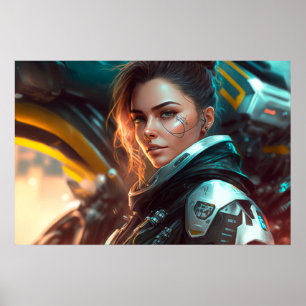 Piloto de mulher em uma cidade do futuro Poster