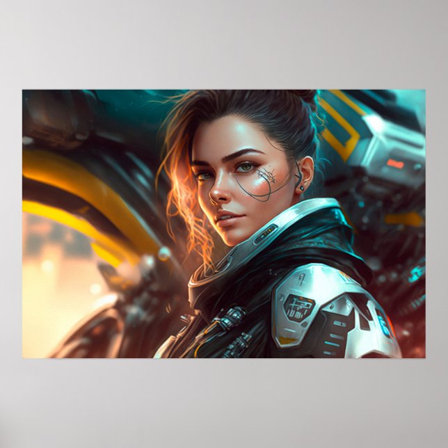 Piloto de mulher em uma cidade do futuro Poster (Frente)