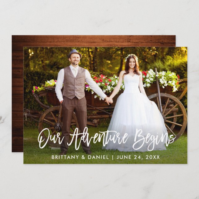 Pincel Script Wood Nossa Aventura Começa Cartão (Frente/Verso)