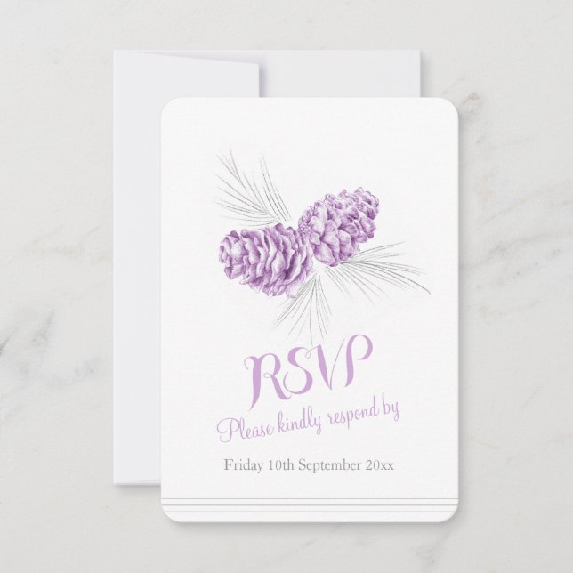 Pine cones de casamento roxo RSVP (Frente)