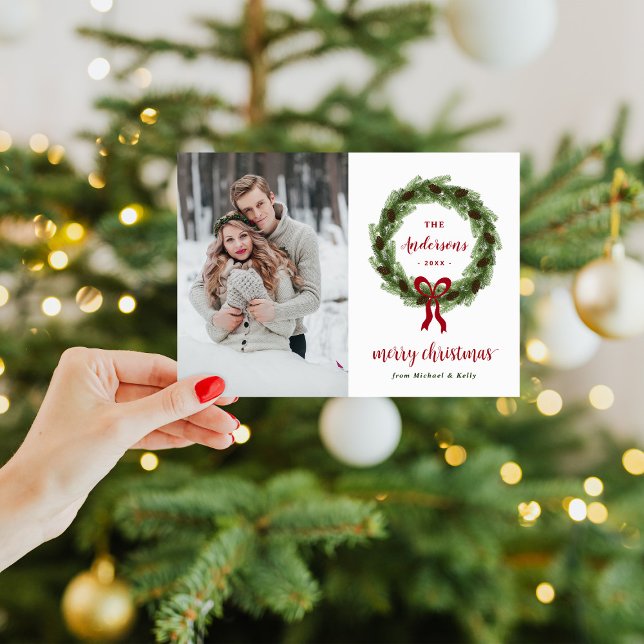Pine Wreath Feliz Cartão com fotos Magnético de Na (Criador carregado)