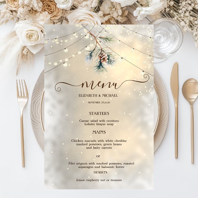Pinecone String Lights Winter  Wedding Menu Card (Criador carregado)