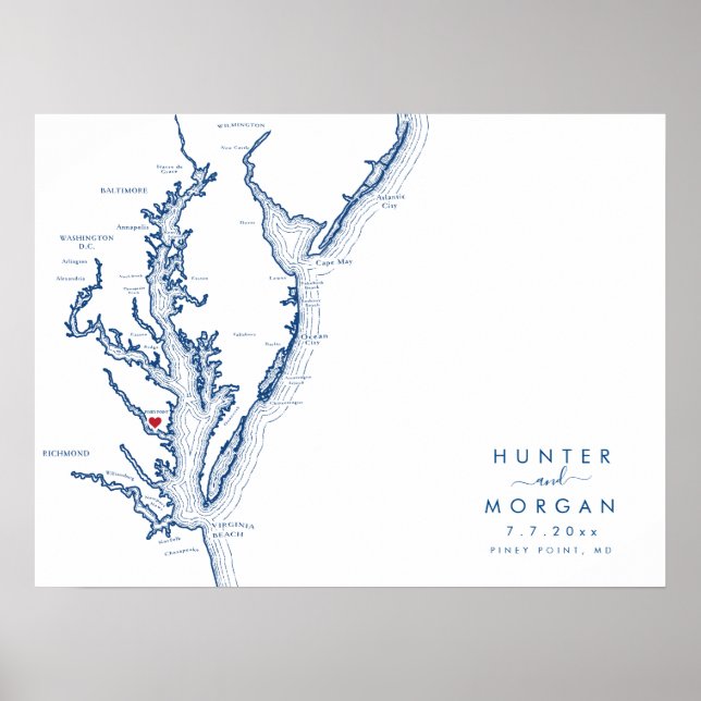 Piney Point MD Wedding Modern Map Guestbook Poster (Frente)