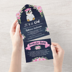 Pinguim Aquarela Floral Rosa Chá de Bebê Marinho