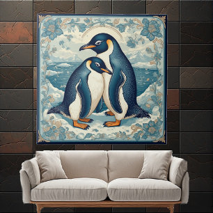 Pinguim Art Deco Casal de Pássaros de Gelo Floral