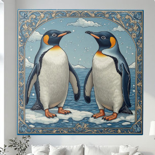 Pinguim Casal Art Deco Ice Birds Oceano Azul Neve