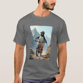 Pinguim cavalgando uma camiseta de bicicleta