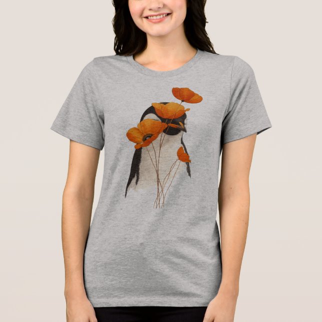 Pinguim com Flores de Papoula Laranja Arte Botânic (Frente)