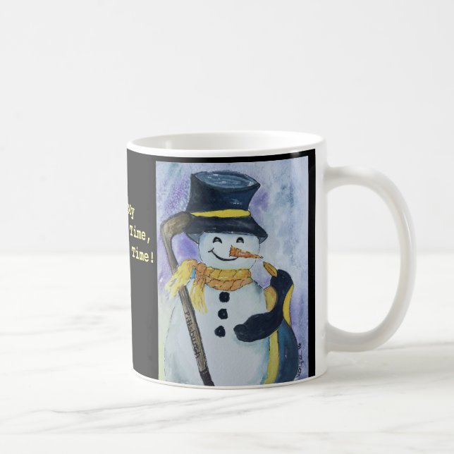 Pinguim e boneco de neve com a caneca da vara de (Direita)
