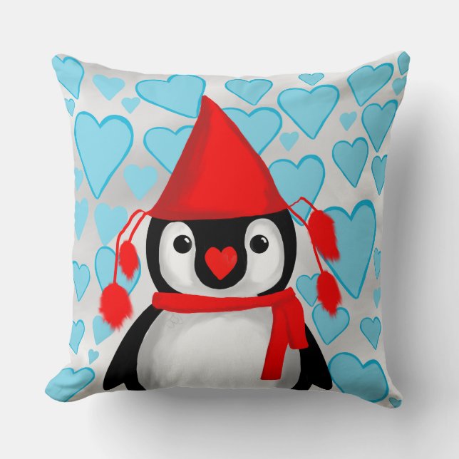 Pinguim Fofo de vermelho com corações Almofada de  (Frente)