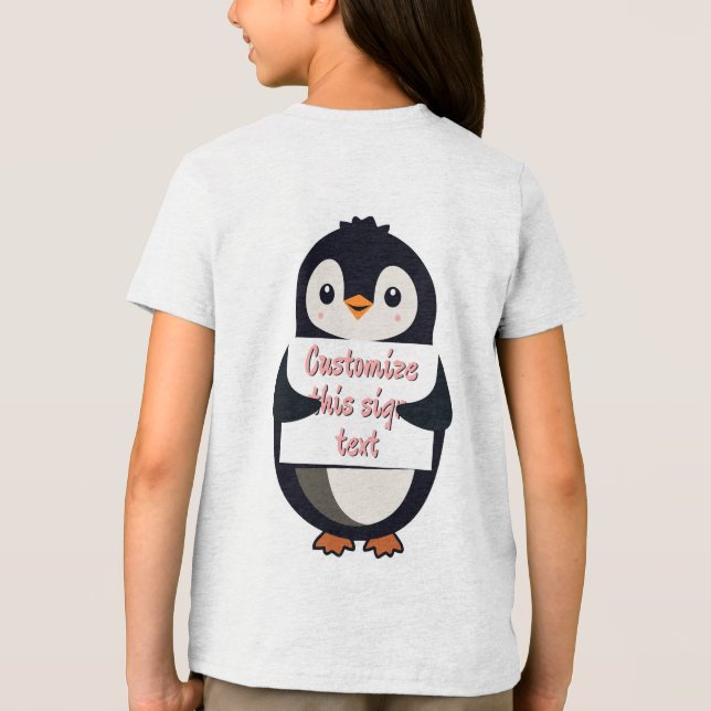 Pinguim fofo segurando um sinal para texto persona (Verso)