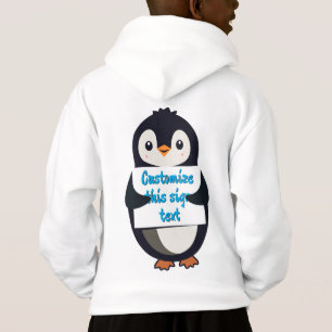 Pinguim fofo segurando um sinal para texto persona