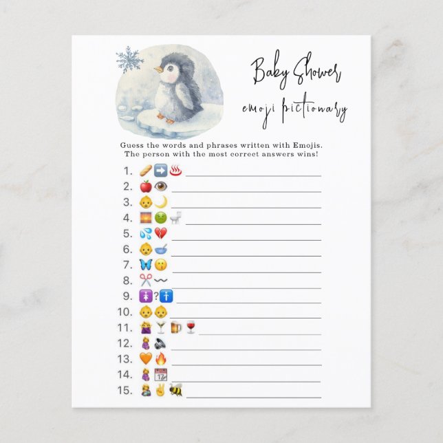 Pinguim - Jogo de imagem de emoji baby shower (Frente)