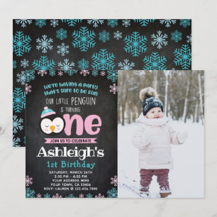 Pinguim Primeiro Convite de Aniversário com Foto