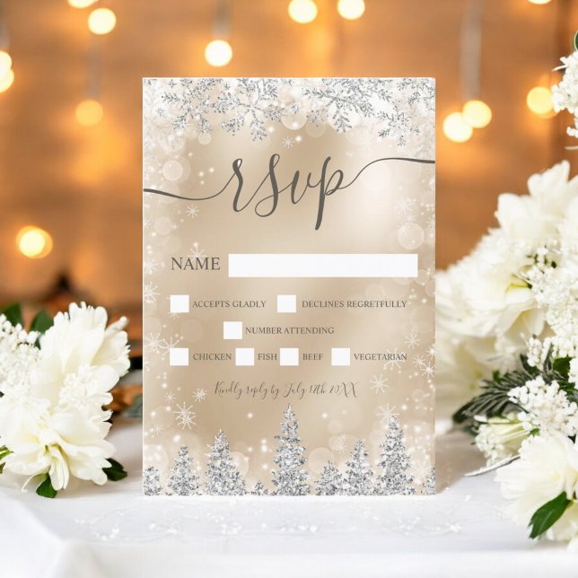 Pinheiro de neve de prata e ouro no inverno rsvp (Silver and gold snow pine Christmas winter rsvp)