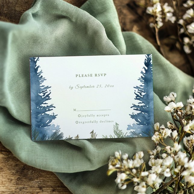pinheiros verdes-do-inverno bonito rsvp (Pretty winter pine trees green wedding RSVP)