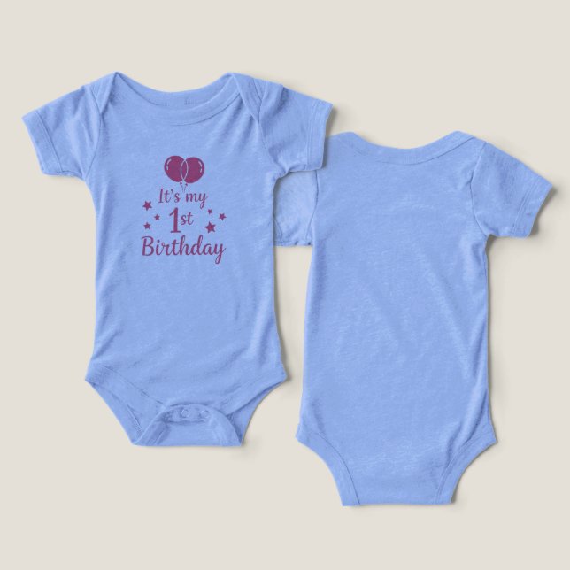 Pink 1st Birthday Tri-Blend Baby Girl Bodysuit (Design Frente e Verso)