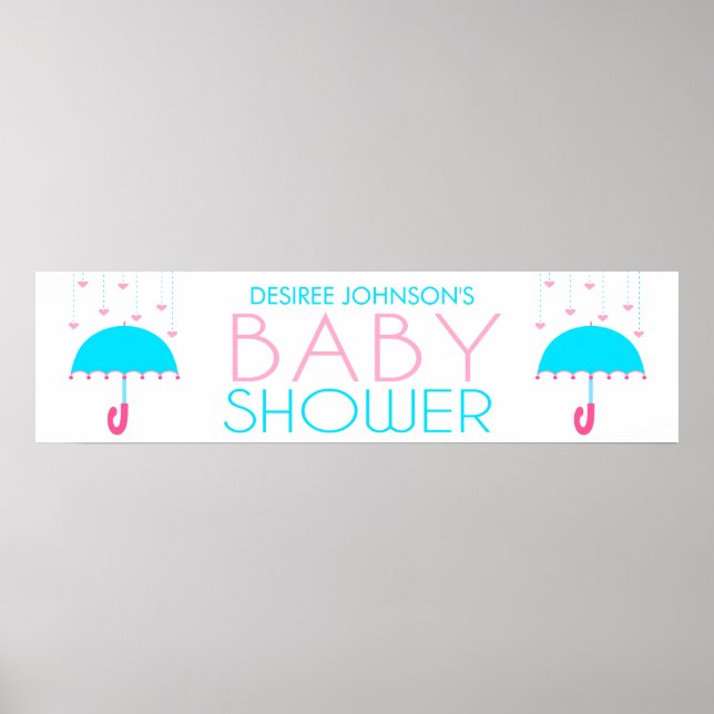 Pink and Blue Umbrella Baby Shower Banner Poster (Frente)