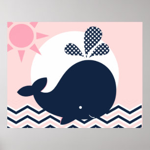 Pink and Navy Whale Nursery Poster