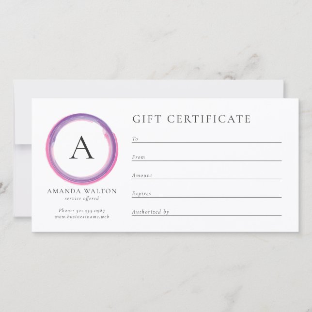 Pink and Purple Monogram Business Gift Certificate (Frente)