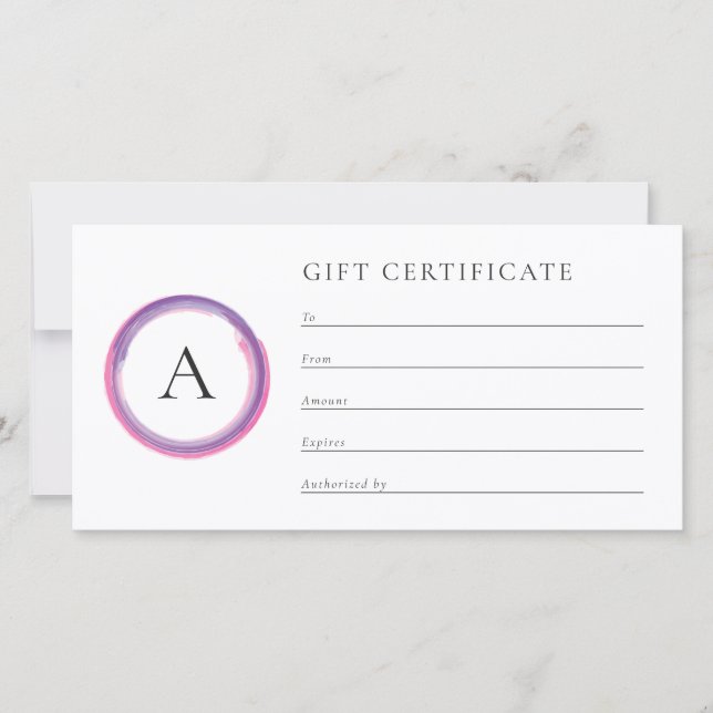 Pink and Purple Monogram Business Gift Certificate (Frente)