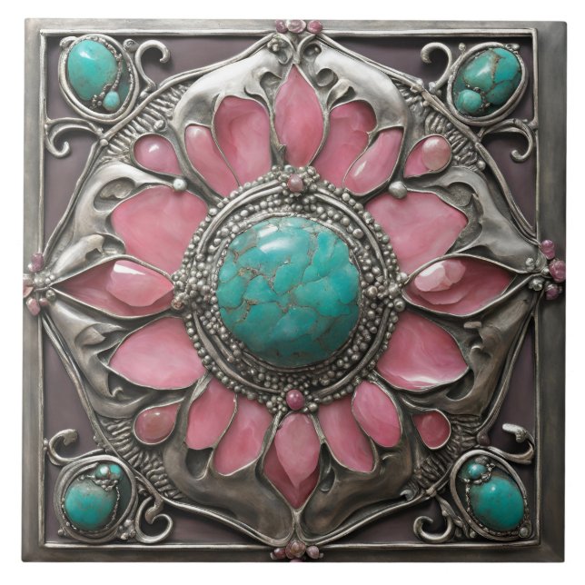 Pink and Teal Art Nouveau Mosaic Tile Pattern (Frente)