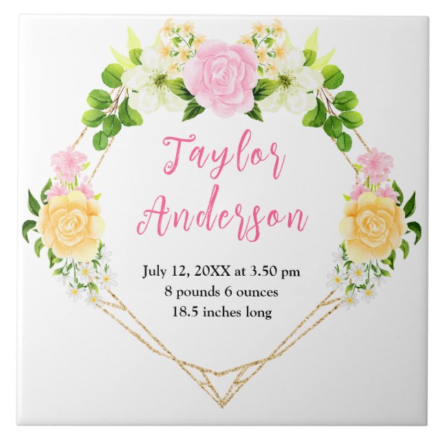 Pink and Yellow Floral Baby Birth Stats (Frente)