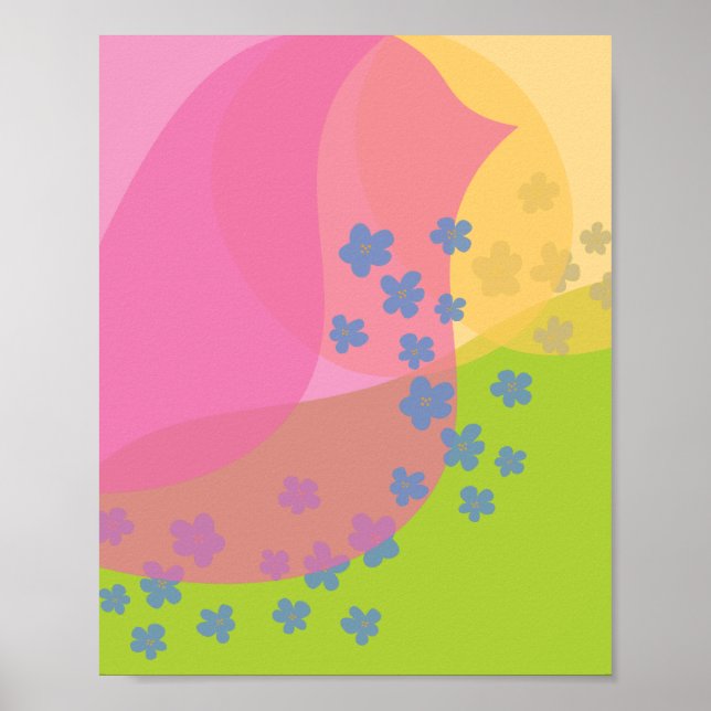Pink Birdie Green Hill Poster Modern Abstract (Frente)