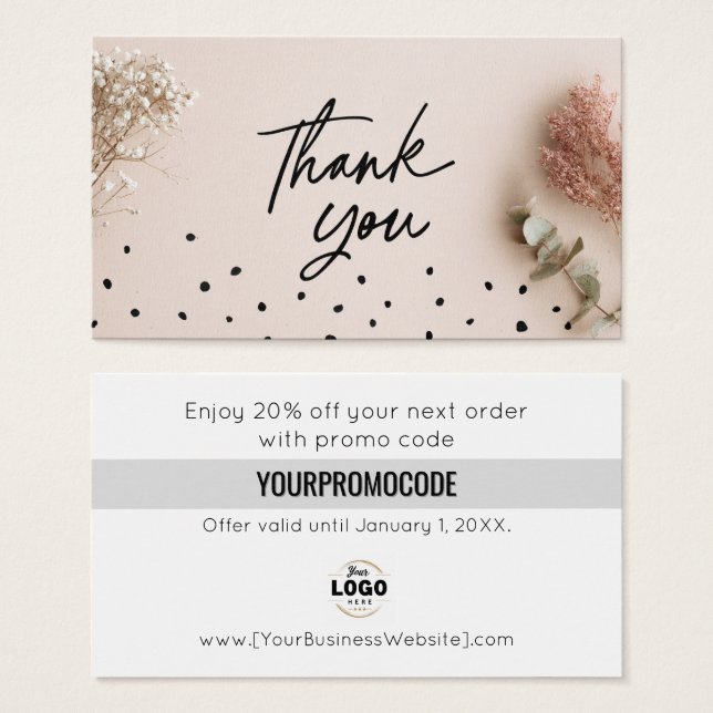 Pink Black Botanical Thank You Discount Cards (Frente & Verso)