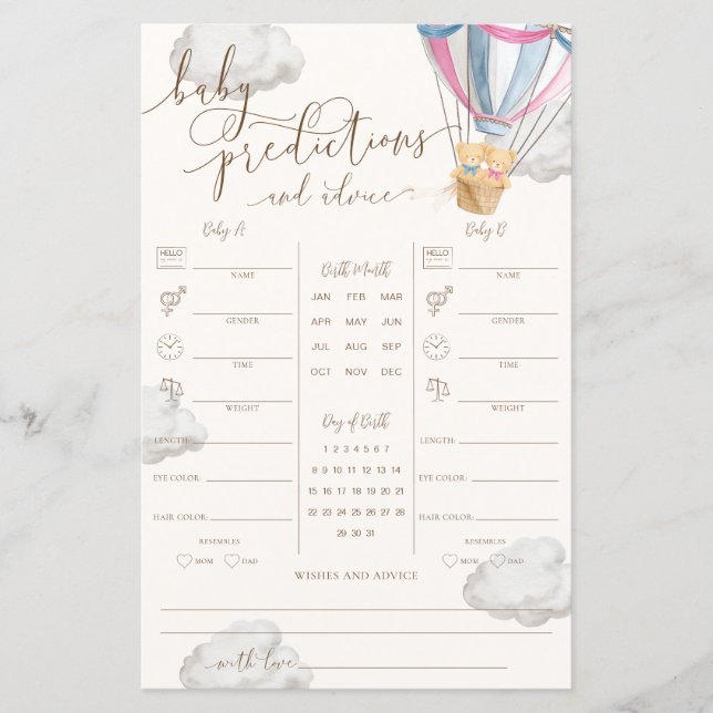 Pink Blue Teddy Bear Twins Baby Predictions Game (Frente)