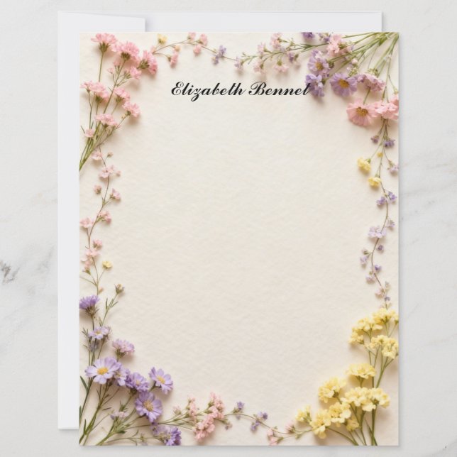 Pink Blue Yellow Dried Flowers Stationery Paper (Frente)