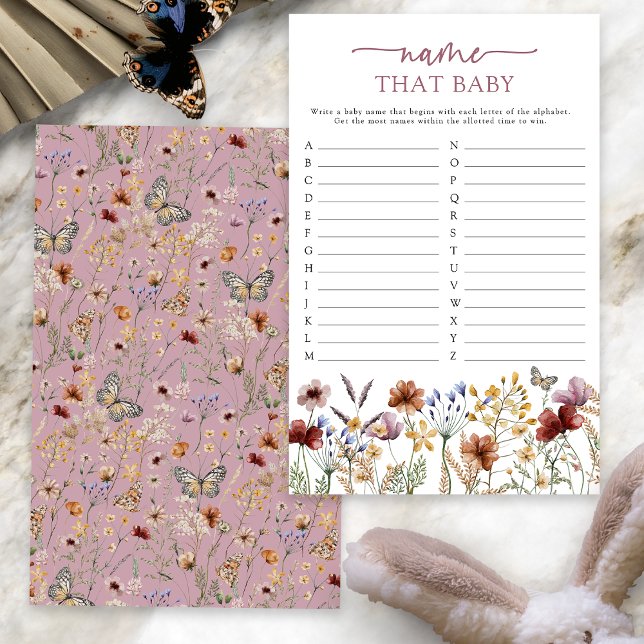 Pink Boho Diz Esse Jogo De Bebê (Dusty Pink Boho Floral Name That Baby Game Card with Butterfly by Painted Paperie
)