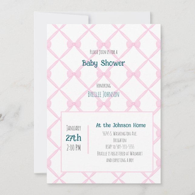 Pink Bow Baby Shower invitation (Frente)