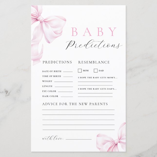 Pink Bow Baby Shower Prediction & Advice Game (Frente)