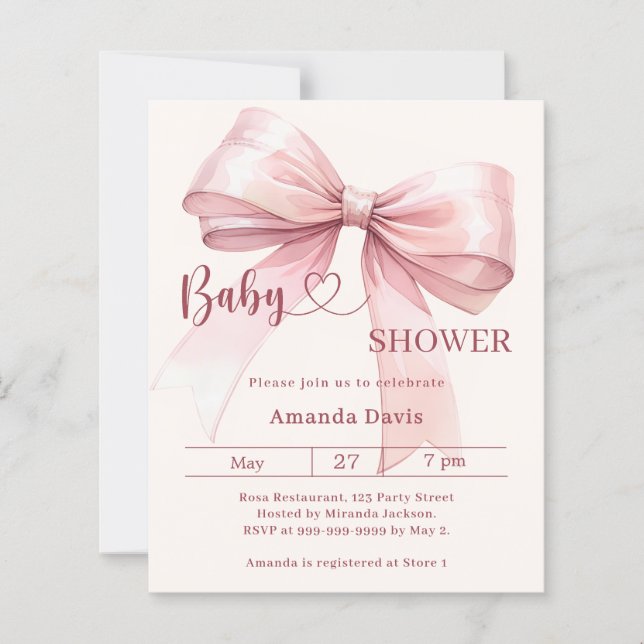 Pink bow beige girl Baby Shower invitation (Frente)
