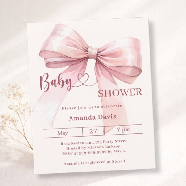 Pink bow beige girl Baby Shower invitation (Criador carregado)
