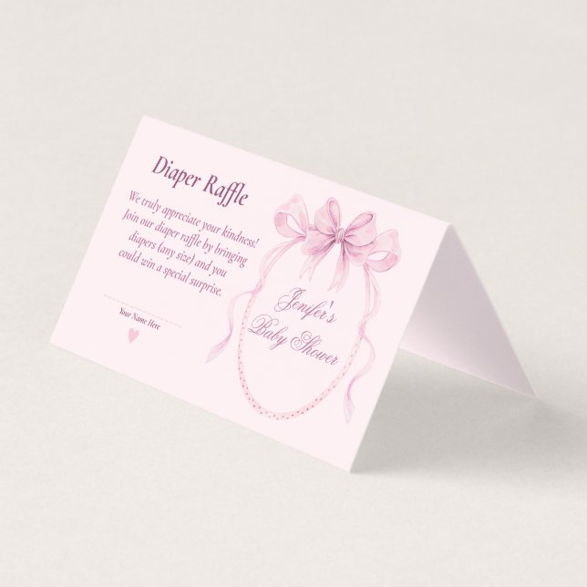 Pink Bow Diaper Raffle Card for Baby Shower (Frente)