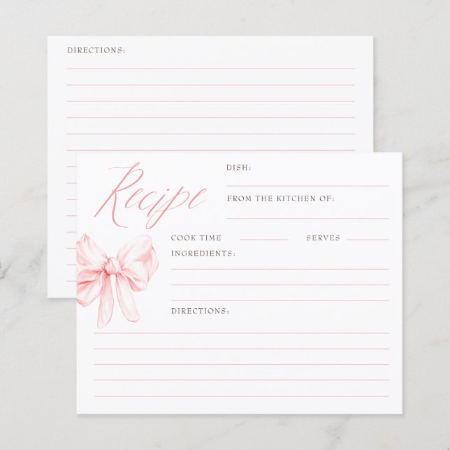 Pink Bow Elegant Bridal Shower Recipe Cards (Frente/Verso)