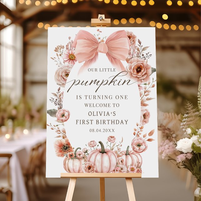 Pink Bow Floral Pumpkin Birthday Welcome Poster (Criador carregado)