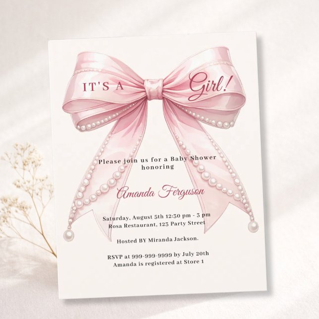 Pink bow ivory it's a girl Baby Shower invitation (Criador carregado)