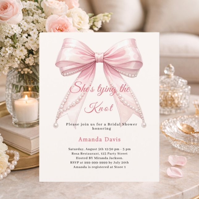 Pink bow ivory pearl knot Bridal Shower invitation (Criador carregado)