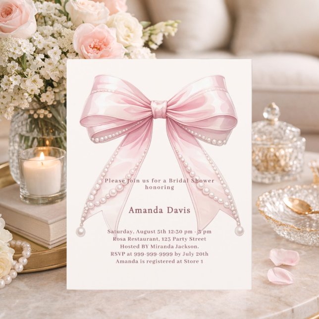 Pink bow ivory pearls Bridal Shower invitation (Criador carregado)