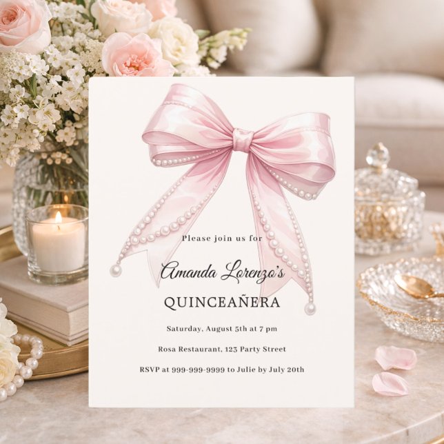 Pink bow ivory pearls Quinceanera invitation (Criador carregado)