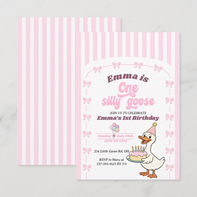 Pink Bow One Silly Goose Girl 1st Birthday Party  (Frente/Verso)