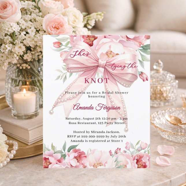 Pink bow pearls florals Bridal Shower invitation (Criador carregado)