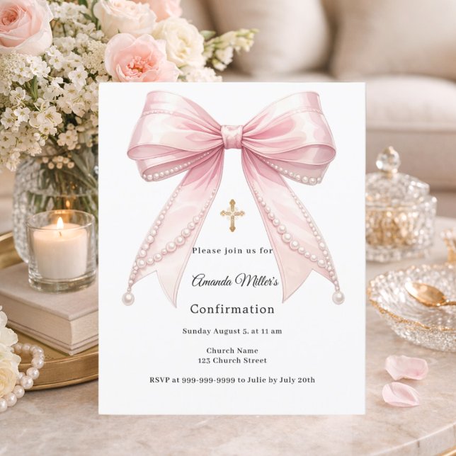 Pink bow pearls girl Confirmation invitation (Criador carregado)