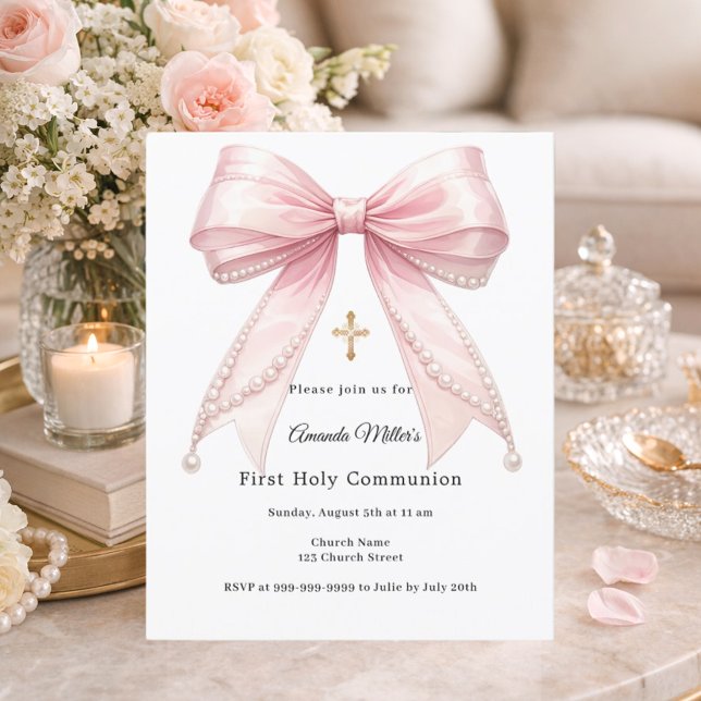 Pink bow pearls girl First Communion invitation (Criador carregado)