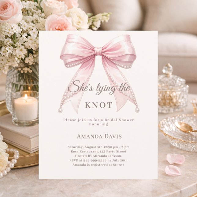 Pink bow pearls knot Bridal Shower invitation (Criador carregado)