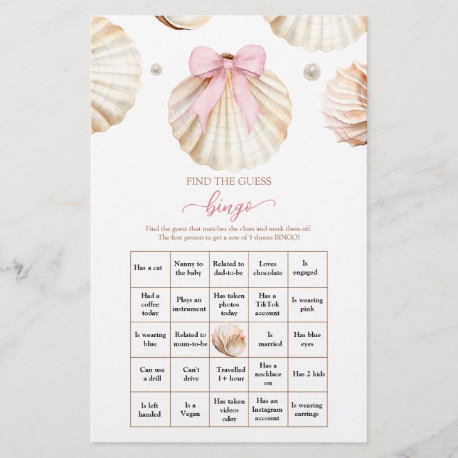 Pink Bow Shell Baby Shower Find The Guest Bingo (Frente)