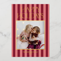 Pink & Burgundy Stripes Modern Christmas Photo